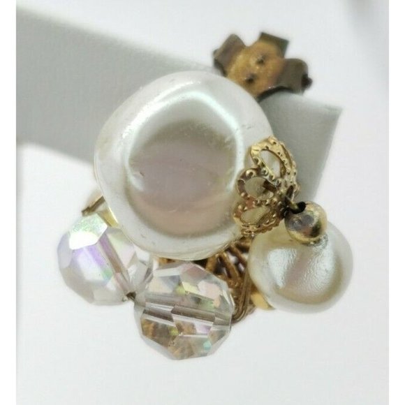 Earrings Clip On Faux Pearl AB Rhinestone Vintage - Picture 7 of 12